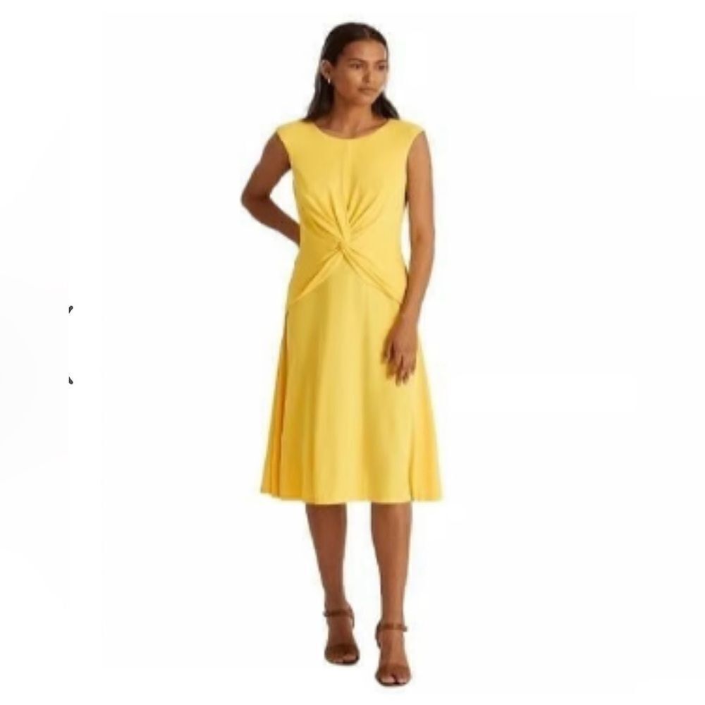 Lauren Ralph Lauren Yellow Twisted Front Dress Size 4  Flowy MIDI Sleveless